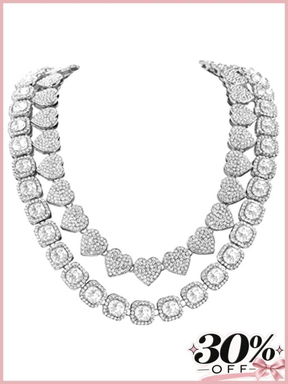 Layered 18'' Tennis Chain & Heart Necklace Set, Cuban Link, Hip Hop Jewelry